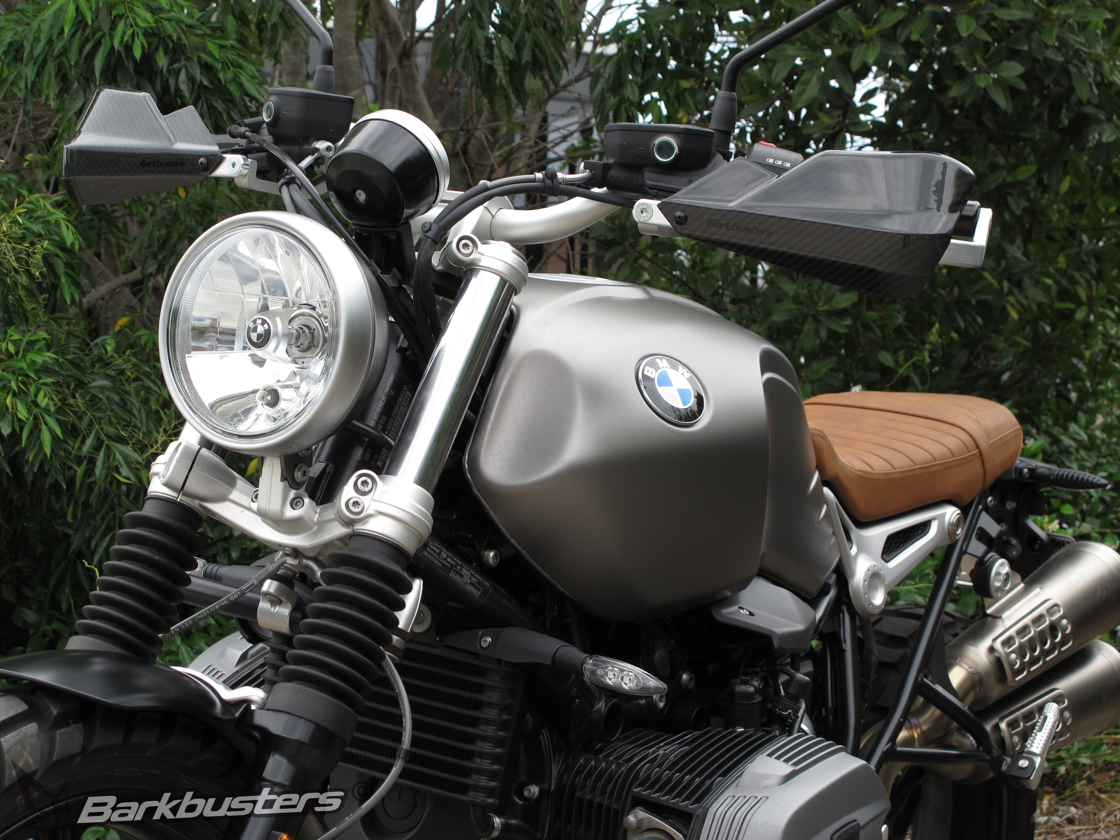 BARKBUSTERS Handguard Hardware Kit (Code: BHG-064) fitted to BMW R Nine T Scrambler with Black CARBON Guards (Code: BCF-003-BK) sold separately