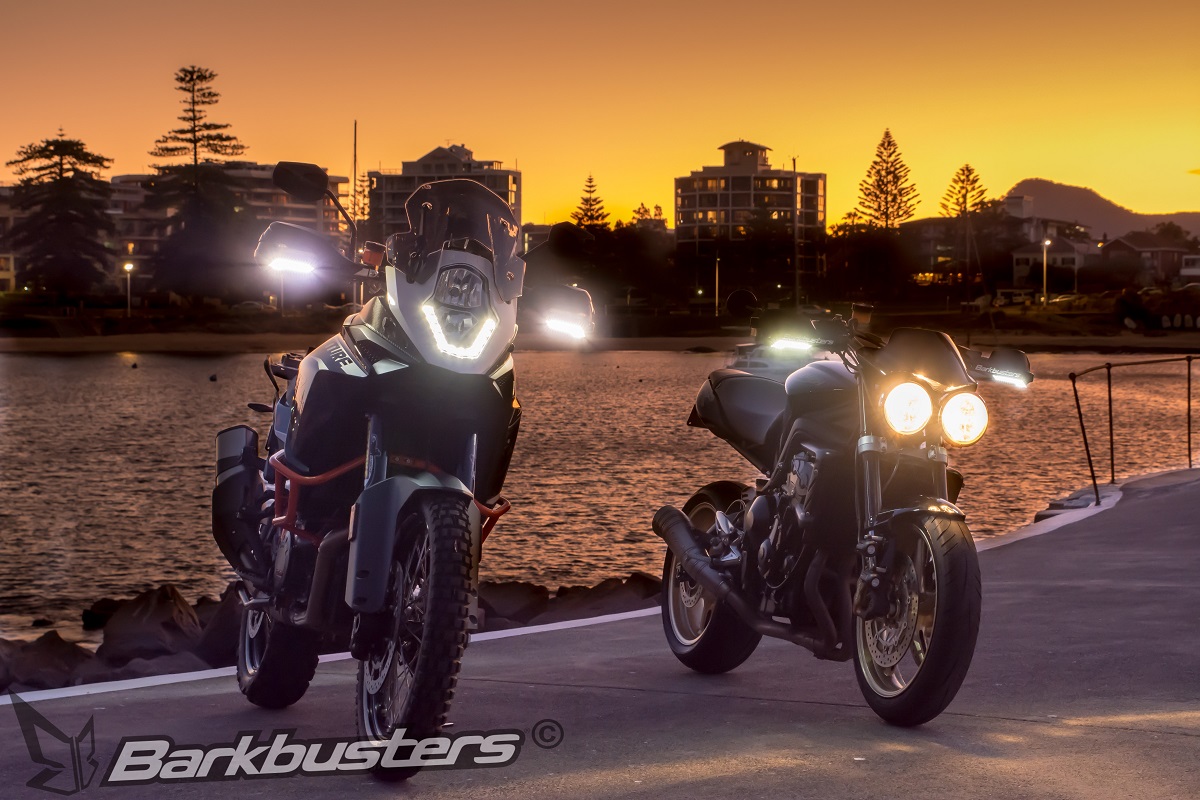 BARKBUSTERS Accessory – LED White Light - Position (Code: LED-002-WH) fitted to STORM Guards shown on a KTM 1190 Adventure R and on VPS Guards shown on a TRIUMPH Street Triple R